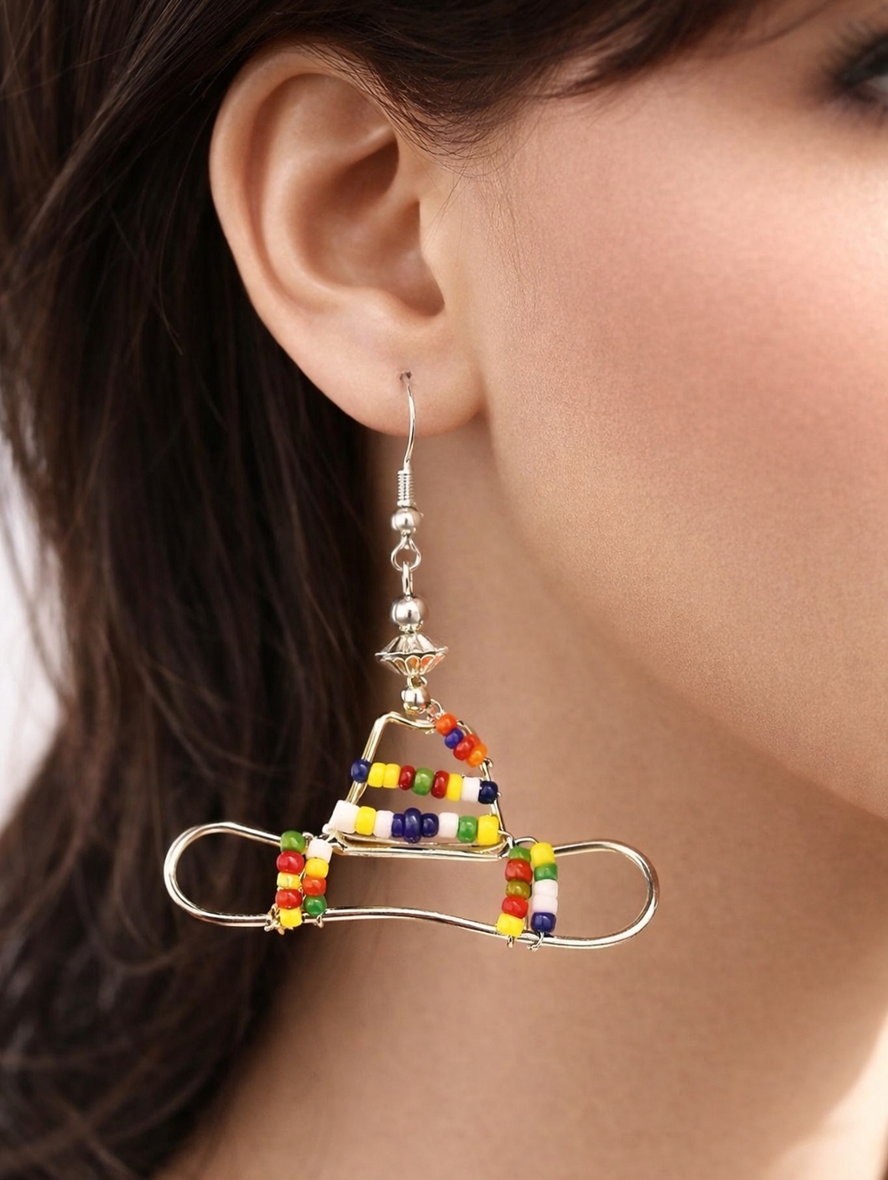 Handmade Colorful Beaded Silver tone Wire Drop Earrings Boho Festival Jewelry #1